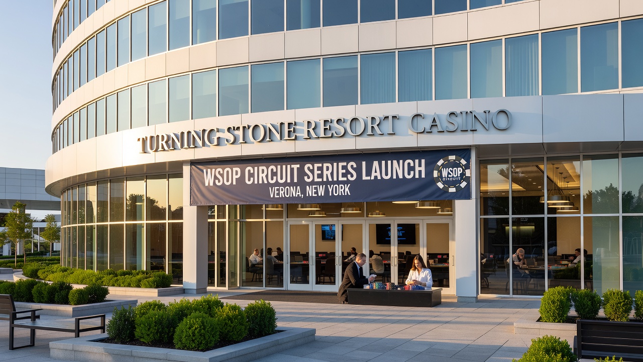 Interior view of new poker tournament room at Turning Stone with tables and branding
