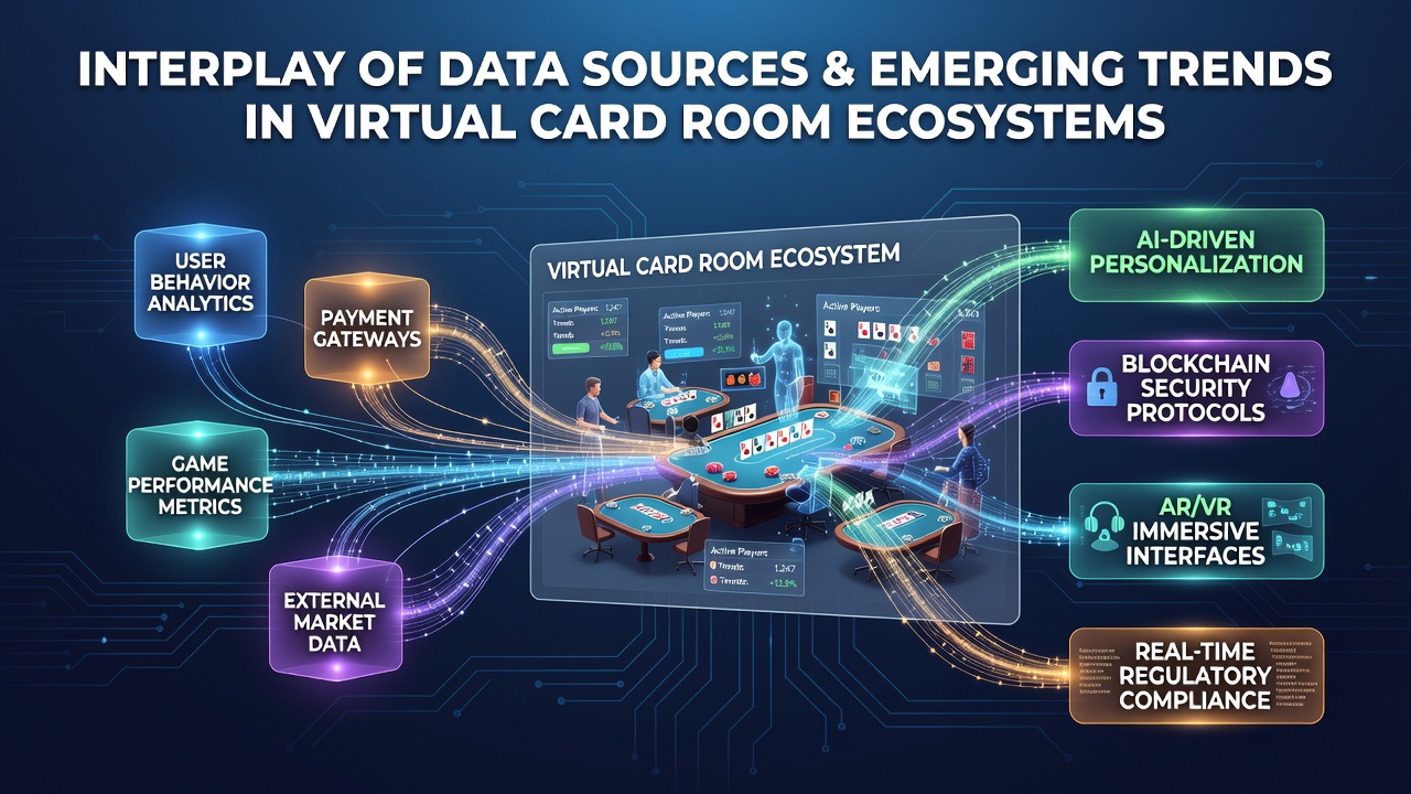 Visual representation of data analytics dashboards integrated with virtual card room interfaces showing player metrics and trend visualizations