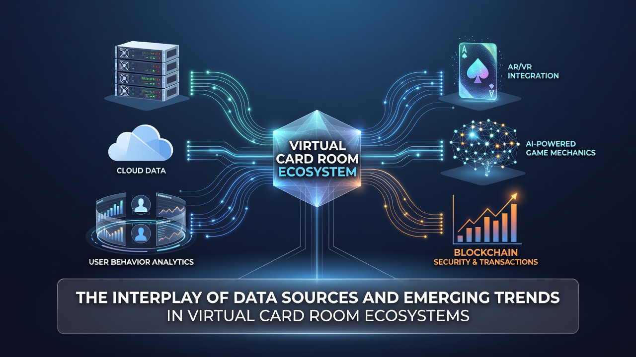 Illustration of emerging virtual card room technologies including AI monitoring tools and blockchain transaction flows overlaid on a digital poker table